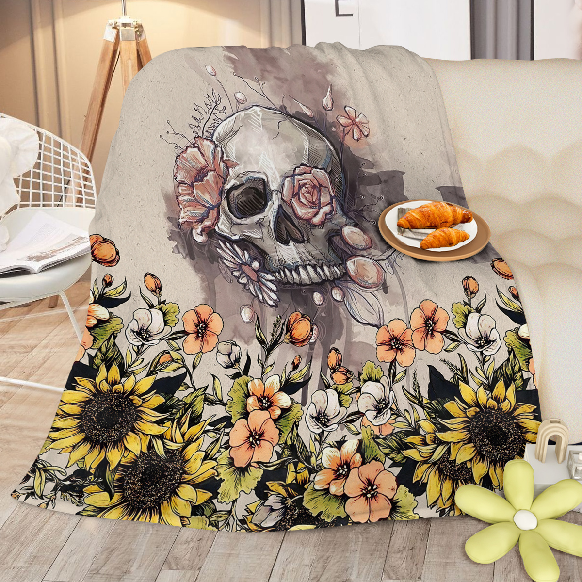Rustic Skull Sunflower Flannel Fleece Blanket Floral Skull Flannel Soft Plush