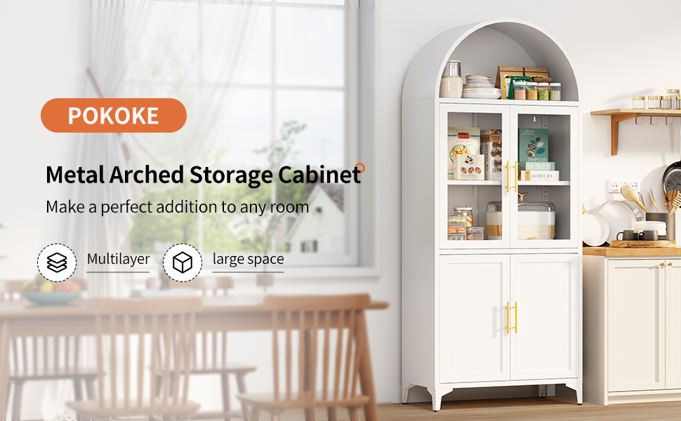 72.8″ Tall Arch Kitchen Cabinet with Glass Doors, Arched Bookcase Modern Cupboad