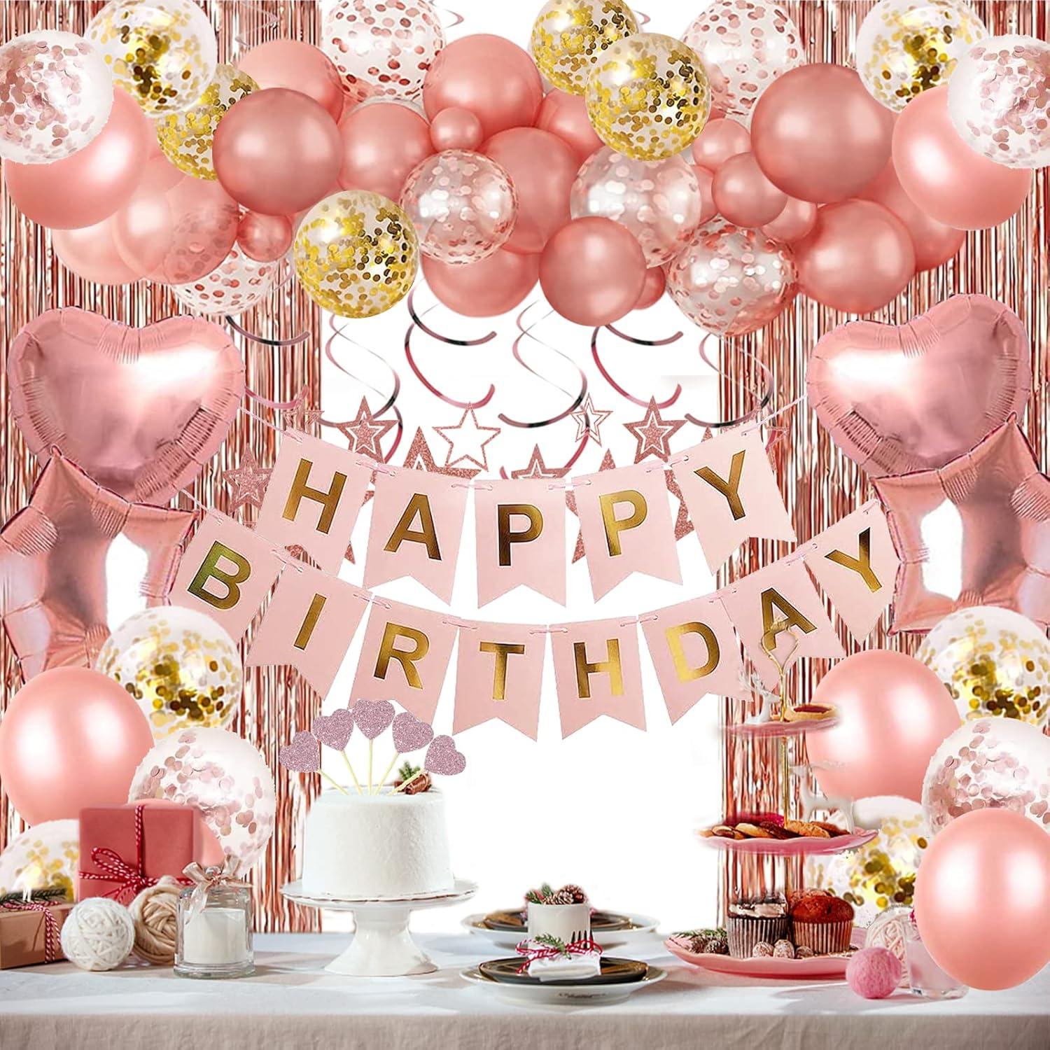 Rose Gold Birthday Party Decorations HappyBirthday Banner RoseGold FringeCurtain